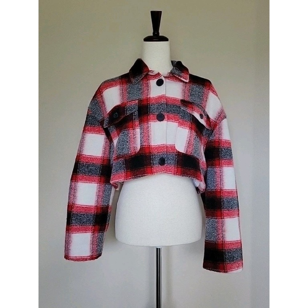 Lovers and Friends Red Plaid Cropped Shacket Sz S Revolve Flannel Oversized
